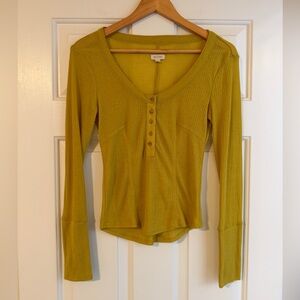 Pilcro by Anthropologie Andie Ribbed Charteuse Yellow Tissue Henley Top